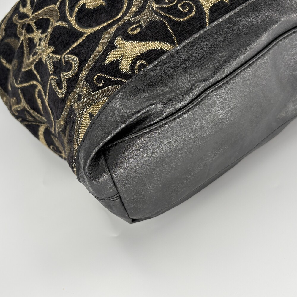 Baroque Tapestry Fleur De Lis Studded Tote Bag Black Gold Faux Leather - Picture 8 of 13